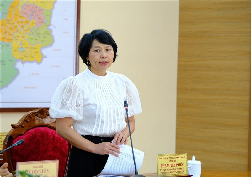 Đồng chí Phạm Thị Phúc - UVBTV, Trưởng ban Dân vận Tỉnh ủy phát biểu tại buổi làm việc